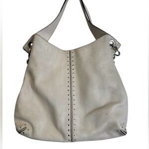 Leather Stud-Trim Hobo Bag in Light Gray